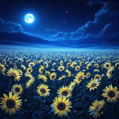 The primary subject of the image is a field of sunflowers, with a total of 14 sunflowers visible in the scene. The setting is a nighttime field with a moon in the sky, creating a serene and peaceful atmosphere. The visual style is a digital art, with the sunflowers and moon being the main focus of the image. The colors and mood are predominantly yellow, with the sunflowers and moon adding a sense of warmth and tranquility to the scene.